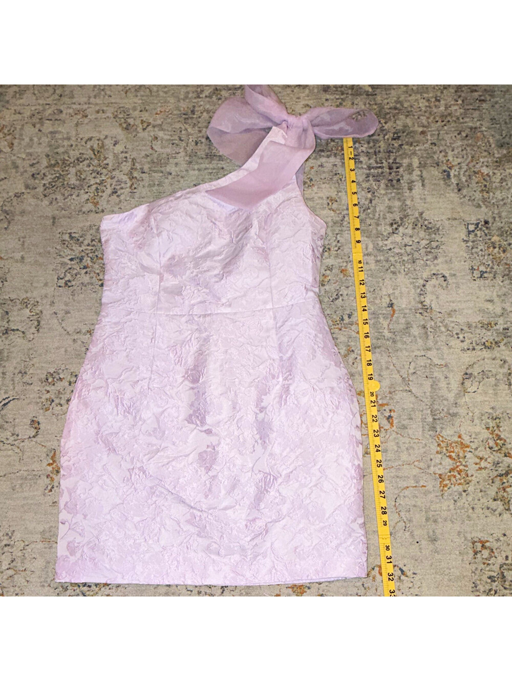 Hausen Lavender One-Shoulder Bow Satin Floral Mini Sheath Dress Sz L LD3418 A361